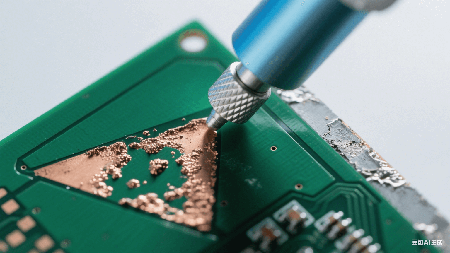 PCB沉銅后表面特寫,深綠色基板的三角區域可見不規則銅瘤(呈顆粒狀凸起),部分基材露出淺棕碳化痕跡 PCB沉銅后表面特寫,深綠色基板的三角區域可見不規則銅瘤(呈顆粒狀凸起),部分基材露出淺棕碳化痕跡