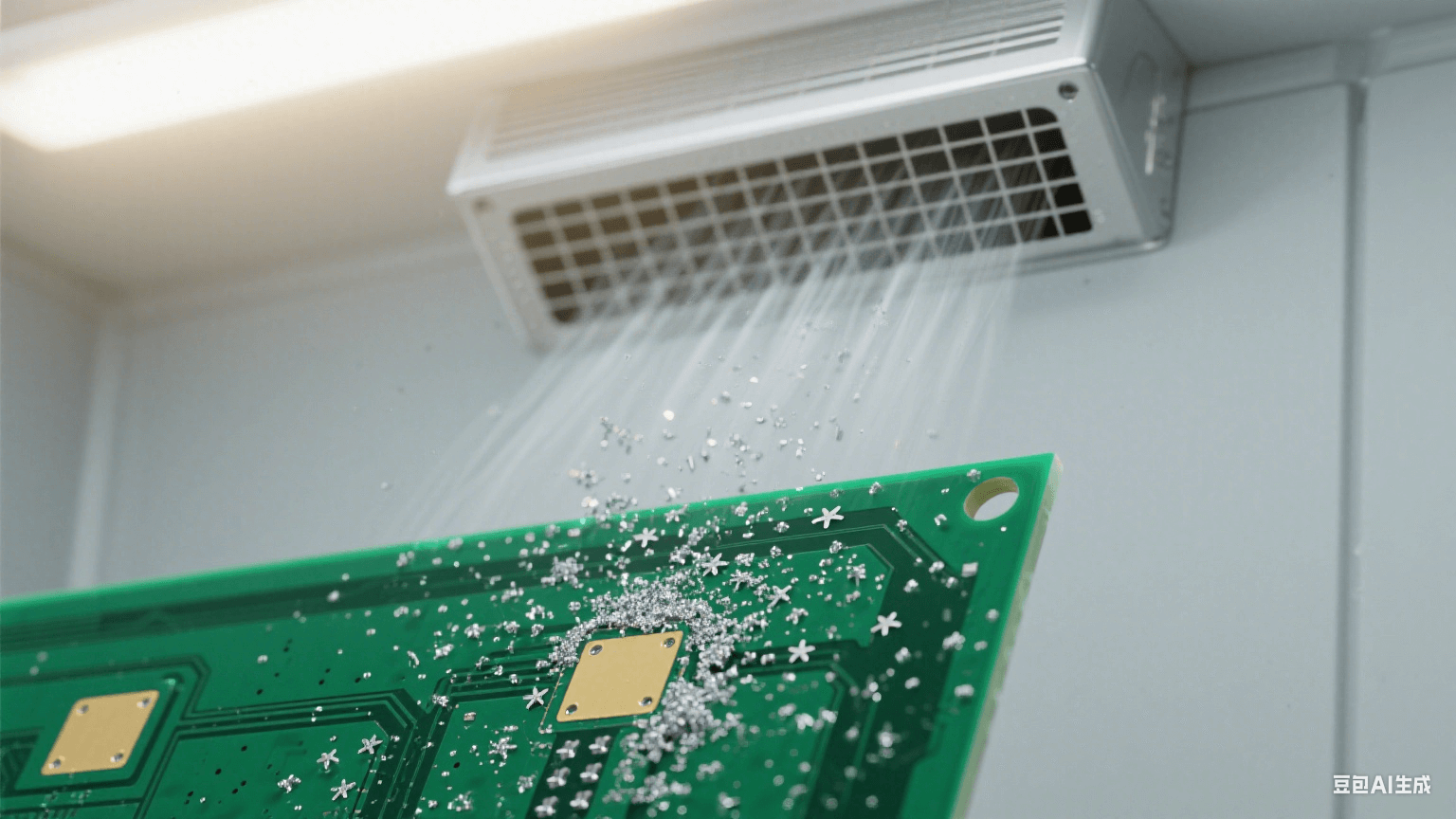 帶靜電的PCB表面微距,深綠色阻焊層上吸附著大量0.1-0.5μm的銀色金屬粉塵(呈星點分布),相鄰兩個金色焊盤間被粉塵連接,形成隱性通路。 帶靜電的PCB表面微距,深綠色阻焊層上吸附著大量0.1-0.5μm的銀色金屬粉塵(呈星點分布),相鄰兩個金色焊盤間被粉塵連接,形成隱性通路。