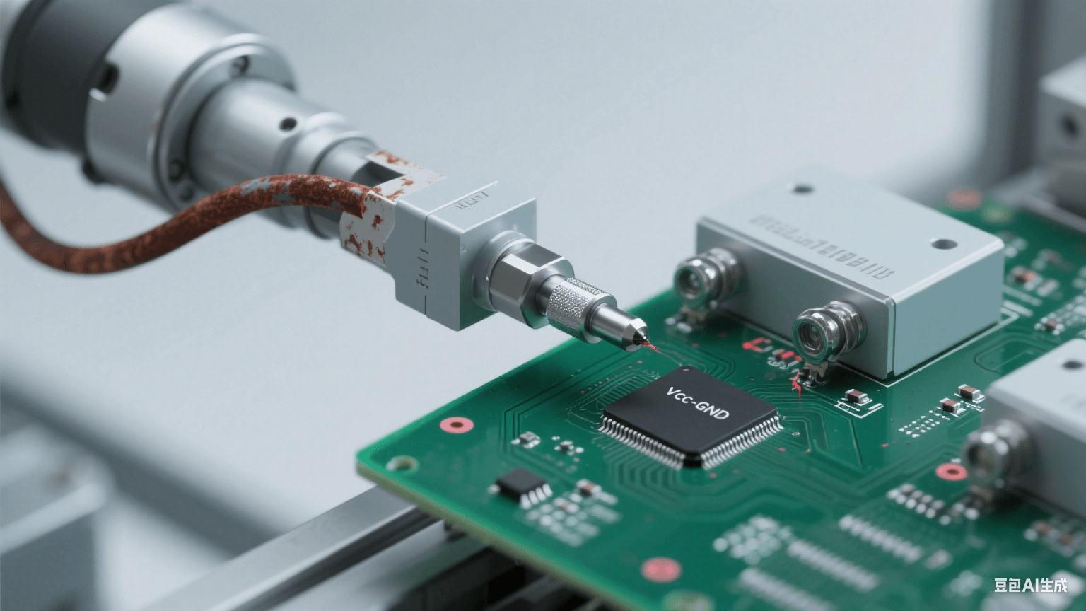 焊接機器人局部特寫,銀灰色機械臂的接地線(表面有棕紅色氧化銹跡)連接至淺灰色接地端子,端子與線的接觸處有細微間隙。 焊接機器人局部特寫,銀灰色機械臂的接地線(表面有棕紅色氧化銹跡)連接至淺灰色接地端子,端子與線的接觸處有細微間隙。