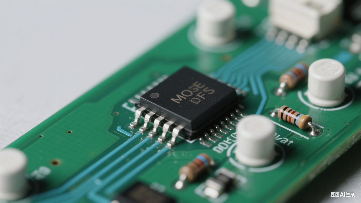 低噪聲功率器件局部特寫,深綠色PCB上,黑色MOSFET芯片(表面覆蓋啞光散熱涂層)的引腳連接著銀灰色信號(hào)線,線端串聯(lián)著小型棕色電阻(抑制信號(hào)過沖)。信號(hào)線呈現(xiàn)平緩的淡藍(lán)色光效(模擬低di/dt特性),無(wú)尖銳波動(dòng)。 低噪聲功率器件局部特寫,深綠色PCB上,黑色MOSFET芯片(表面覆蓋啞光散熱涂層)的引腳連接著銀灰色信號(hào)線,線端串聯(lián)著小型棕色電阻(抑制信號(hào)過沖)。信號(hào)線呈現(xiàn)平緩的淡藍(lán)色光效(模擬低di/dt特性),無(wú)尖銳波動(dòng)。