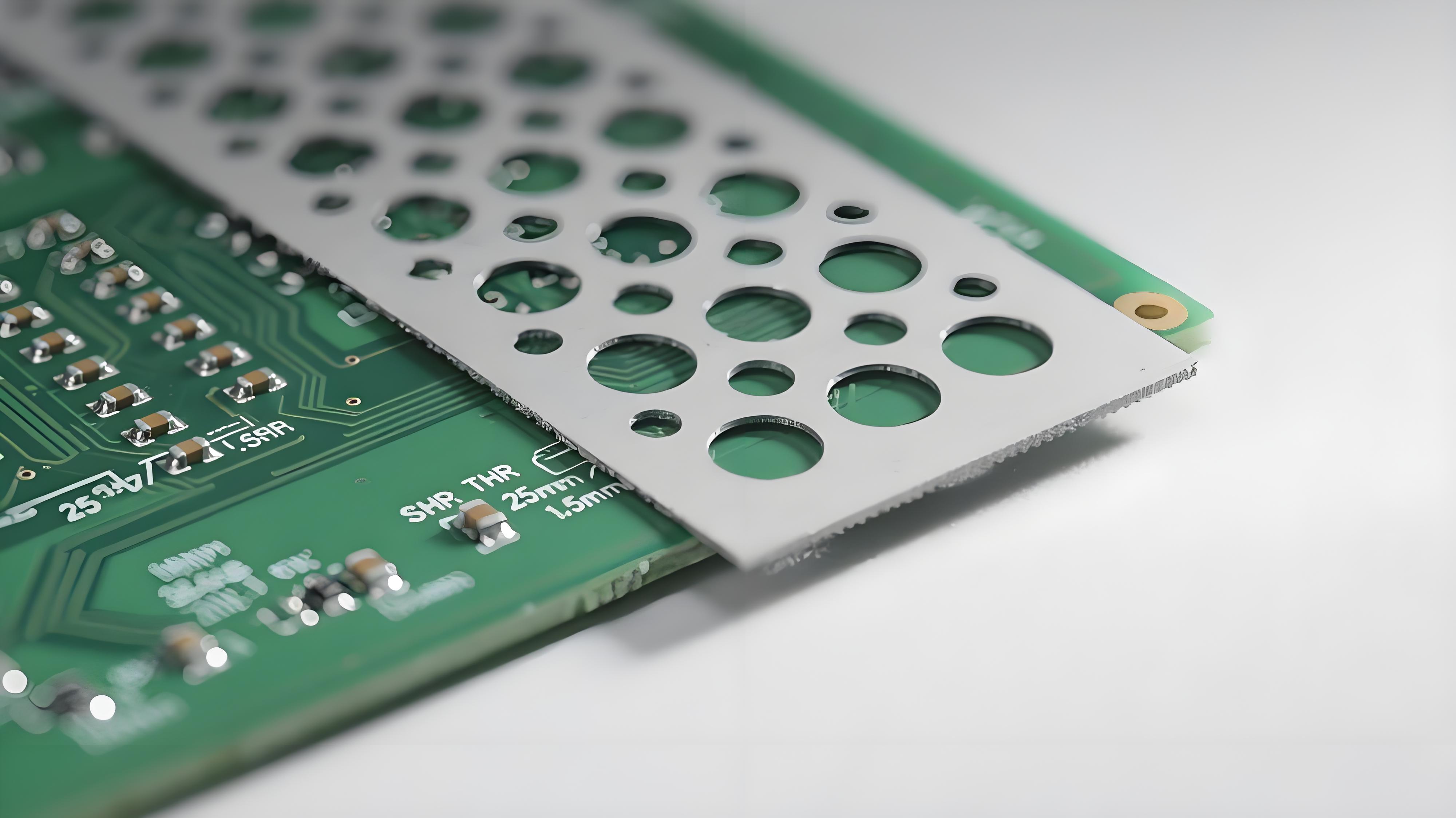 THR工藝階梯鋼網(wǎng)印刷 銀灰色錫膏通過圓形陣列開口 深綠色PCB焊盤.jpg