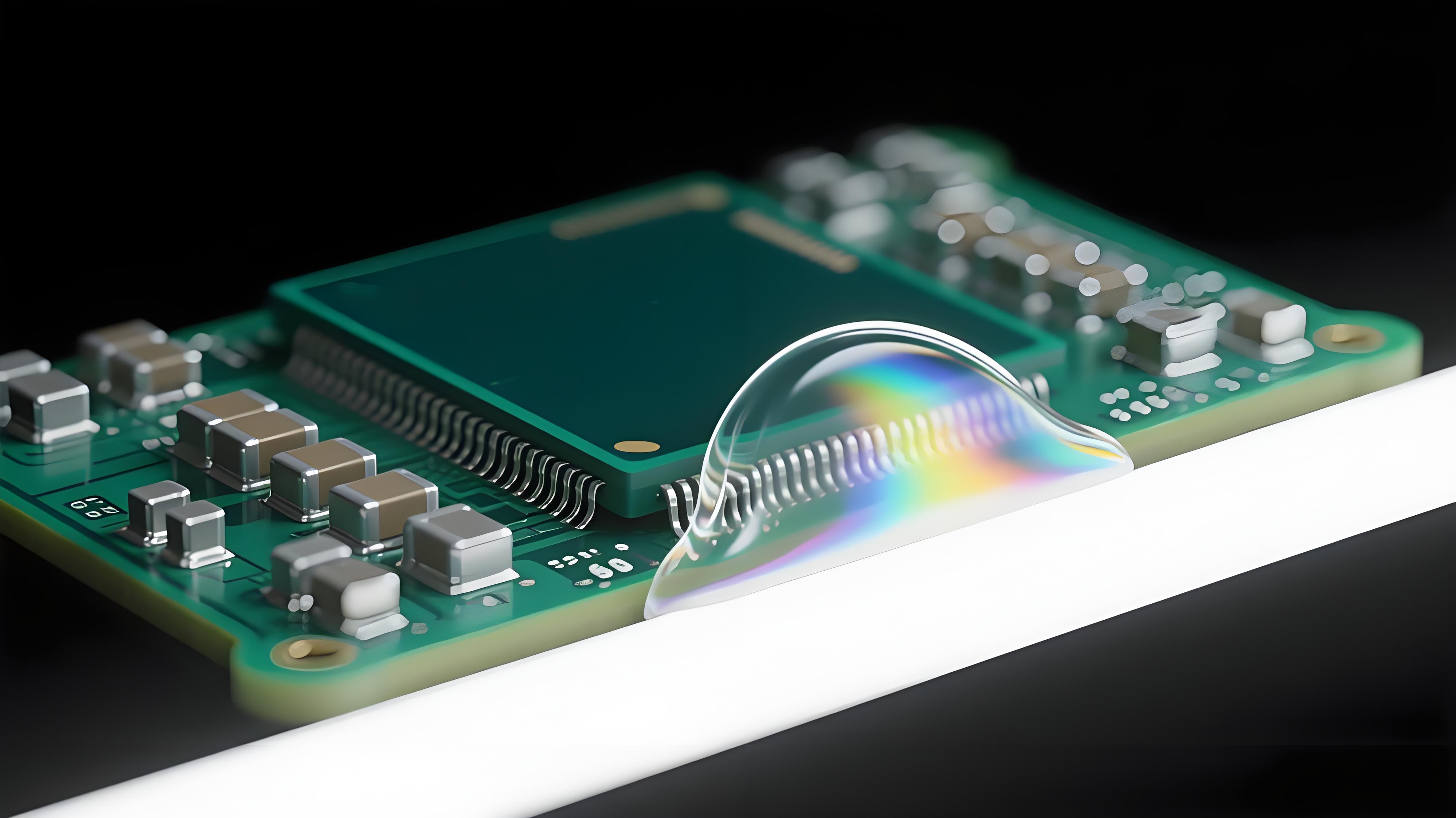 倒裝芯片回流焊底部填充過程 透明環氧膠包裹銀色焊點 深綠色 PCB 底部填充工藝細節.jpg