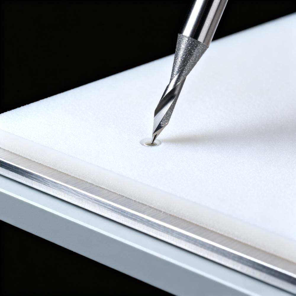 PTFE PCB金剛石涂層鉆頭鉆孔微觀特寫,0.2mm孔徑孔壁光滑無粘連,鋁質蓋板+剛性支撐板輔助.jpeg