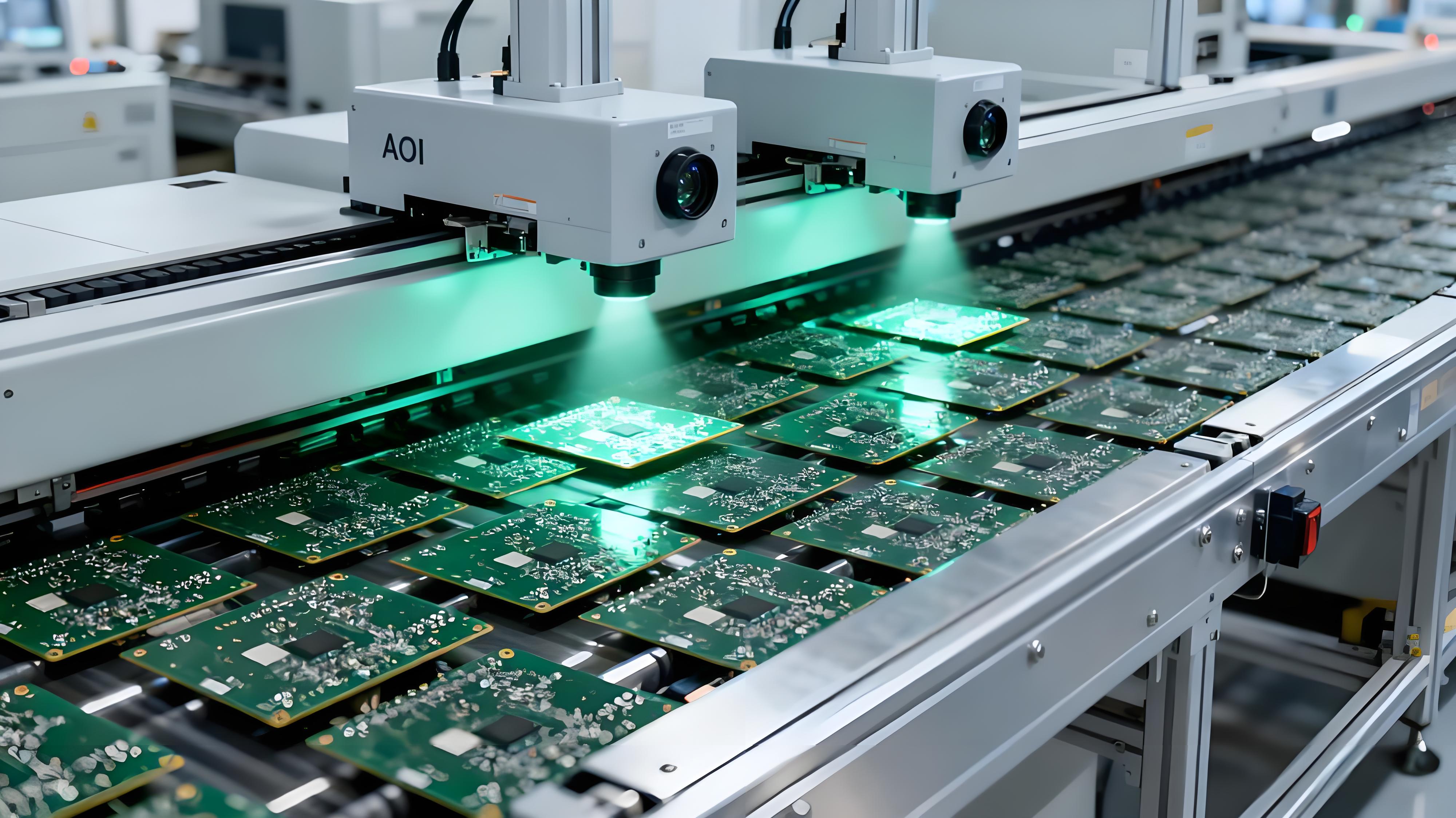 PCB量產(chǎn)AOI在線測(cè)試場(chǎng)景,銀灰色傳送帶運(yùn)送多片PCB實(shí)現(xiàn)高速檢測(cè).jpeg