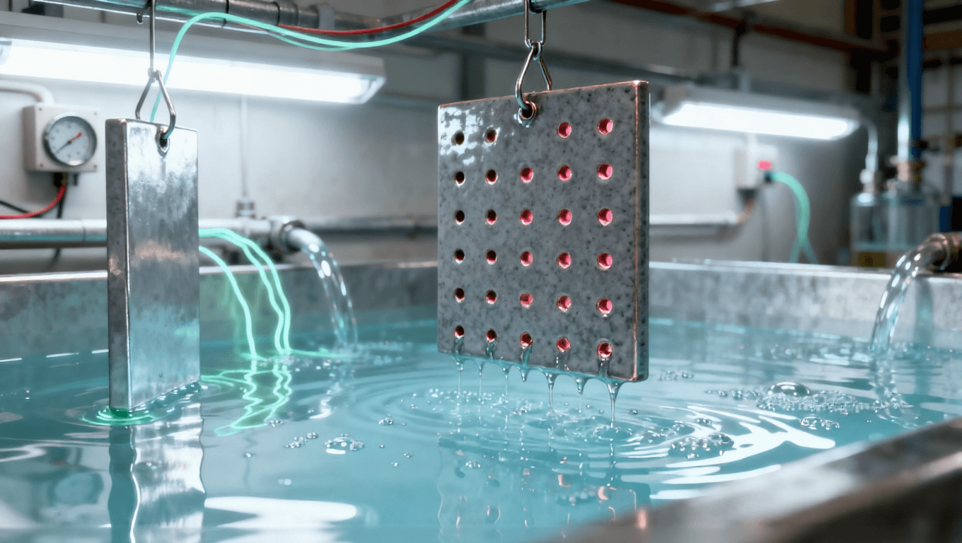 陶瓷板盲孔電鍍填銅場景,淡藍色鍍液 + 優先填銅光影實現 0.1-0.5mm 盲孔無空隙填銅.png