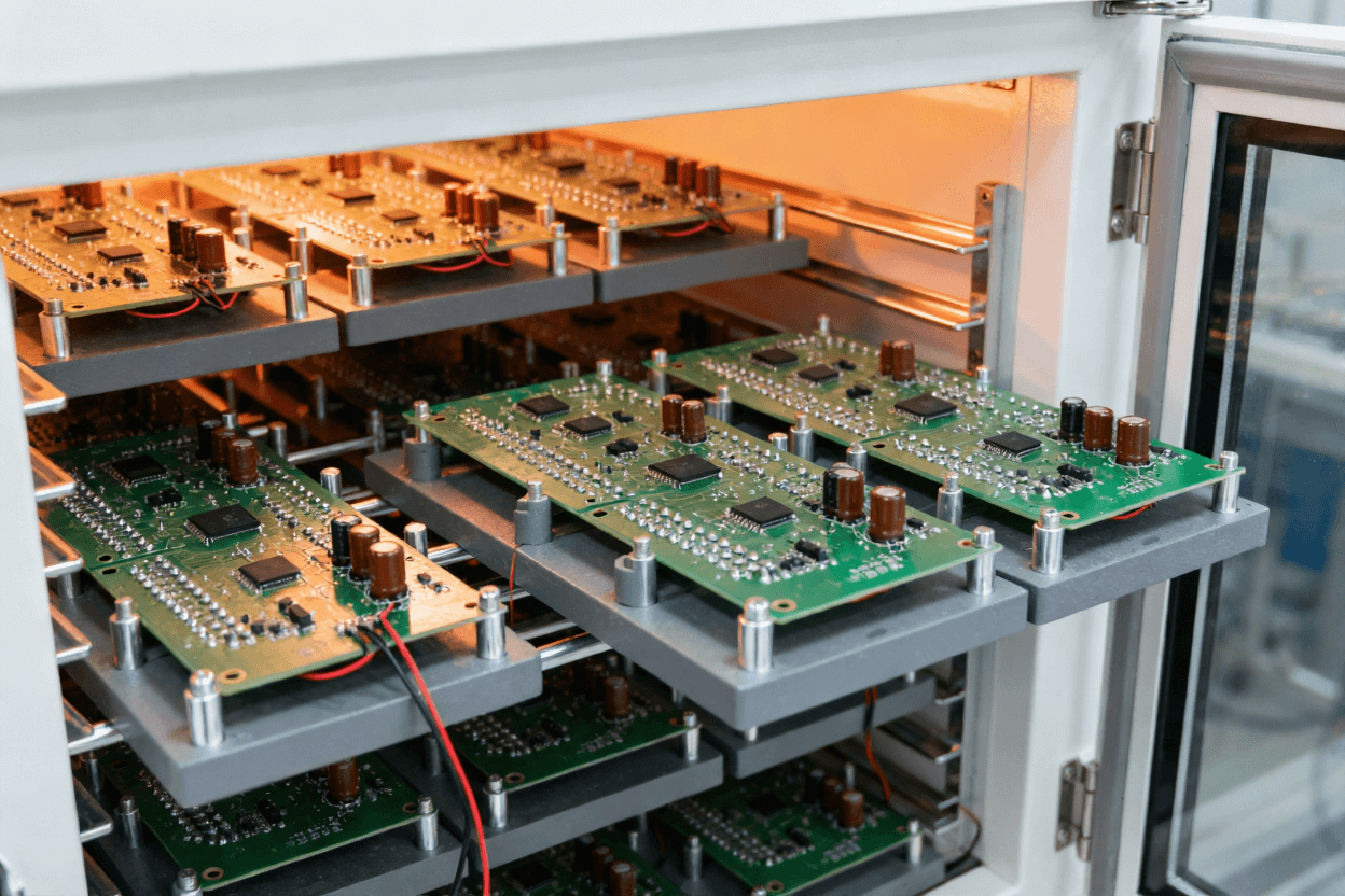 PCB老化測試 高溫老化房內部場景 綠色PCB板固定在金屬工裝夾具.png