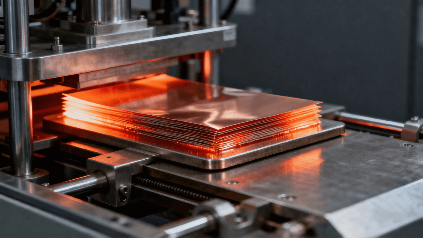 工業壓合機內部展示多層LCP PCB材料在高溫下壓合的過程.png