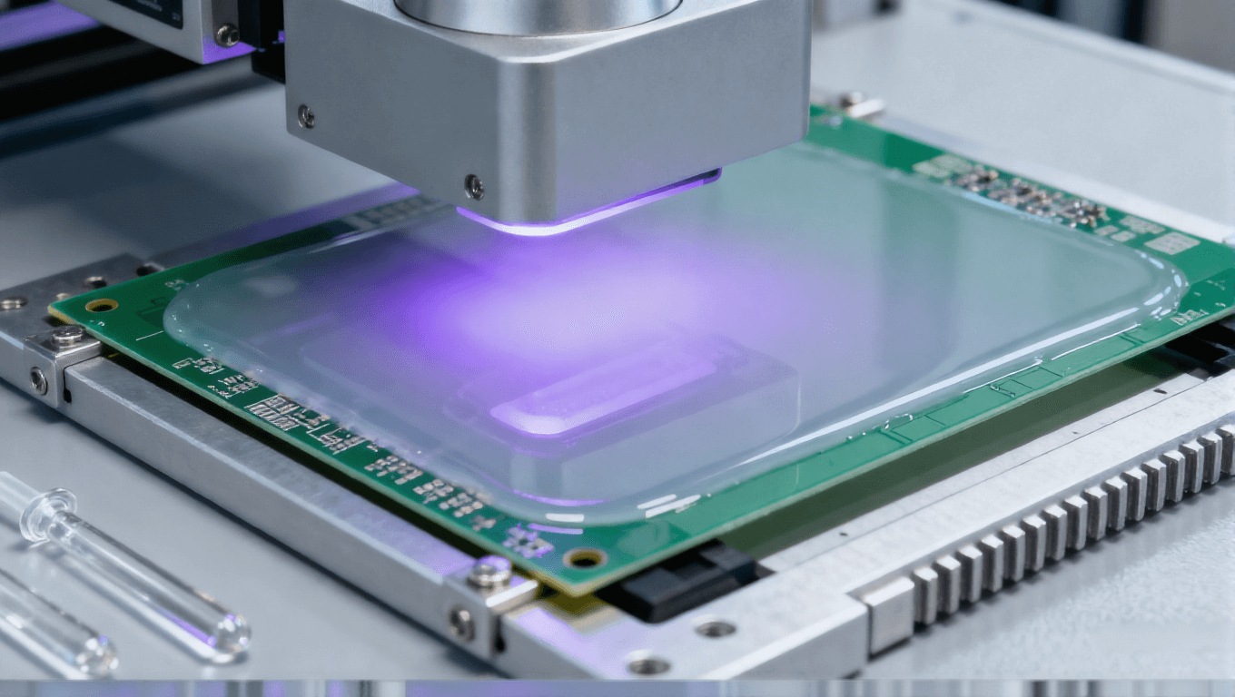 PCB半加成法光刻工序特寫，FR-4 PCB基板、淡紫色紫外光、銀灰色光刻設備光學組件.png