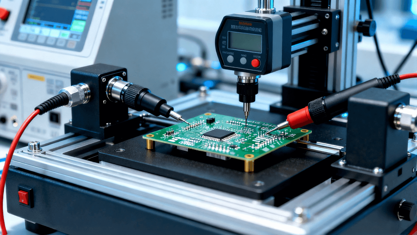 PCB樣品檢測階段，展示電氣和物理性能測試，突顯精密儀器和冷靜的實驗室氛圍.png