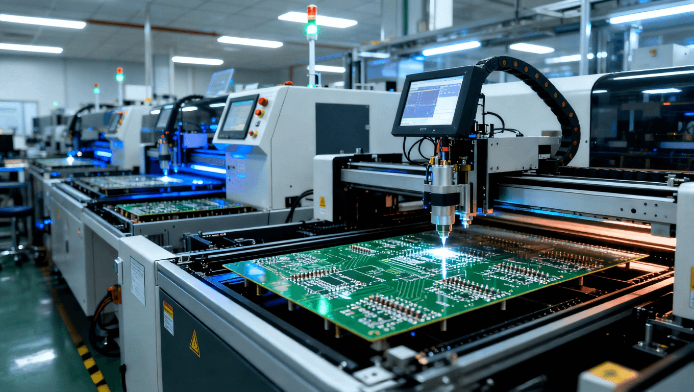 高科技PCB生產線，展示自動化檢測、焊接和蝕刻等工序，突顯精確的生產過程.png