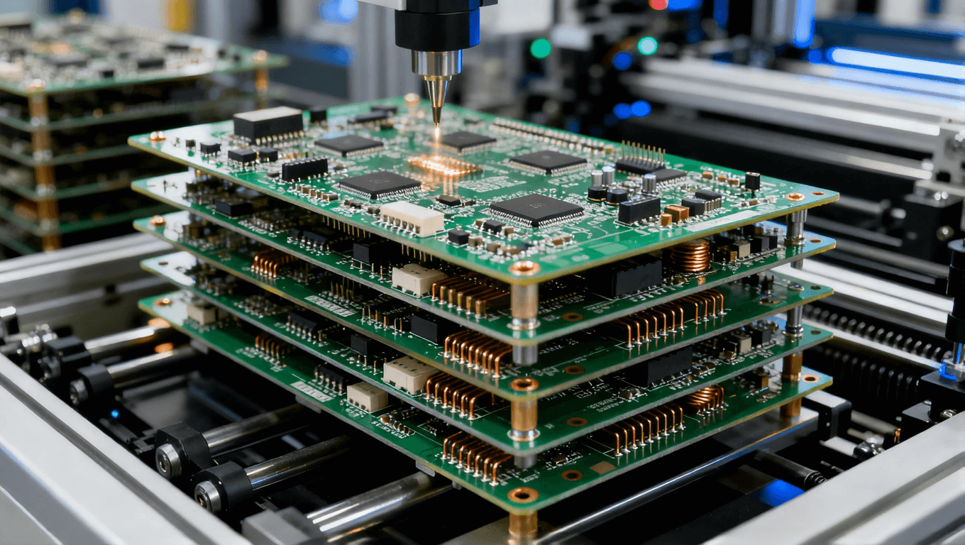 精密的高多層PCB制造過程，展示多層電路板、焊接點和電子元件，突出高科技工廠中的精細操作.png