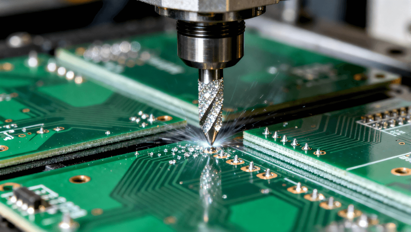 精密鉆孔工藝，展示鉆石涂層鉆頭切割多層PCB，突顯高速鉆孔的細節和精度.png