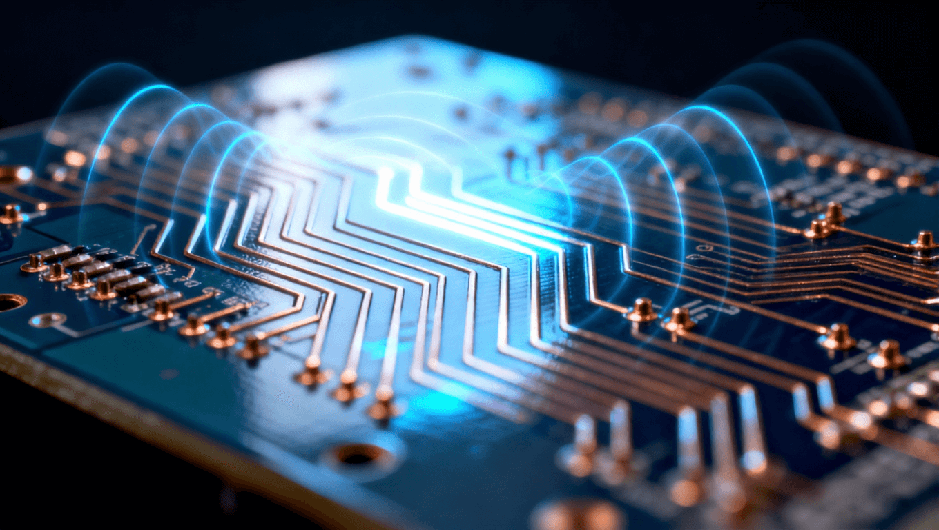 高頻電路板特寫，藍色光影下精確的銅線軌跡，展示介電常數穩定性對信號完整性的影響.png