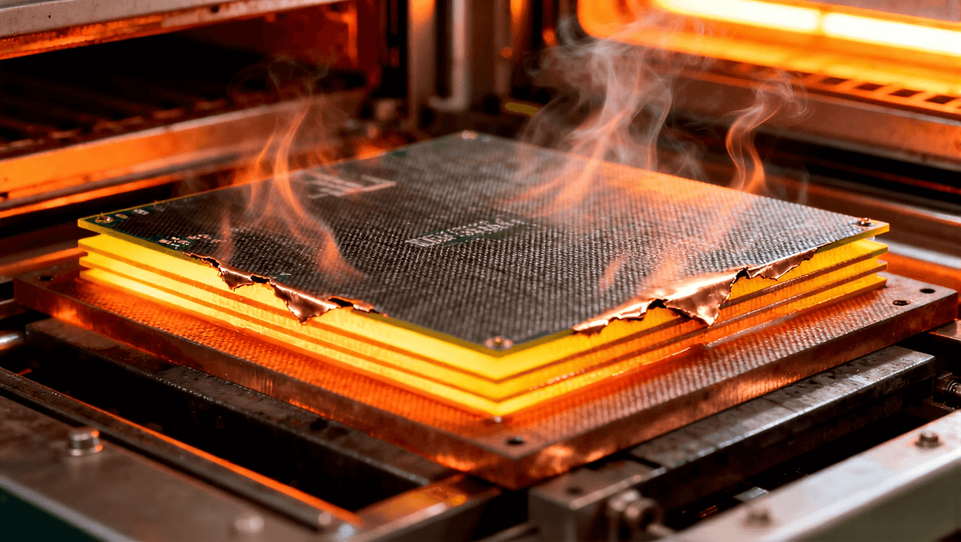 多層電路板熱應力測試場景，展示高溫下銅層與基材因熱膨脹系數不匹配導致的分離現象 (1).png