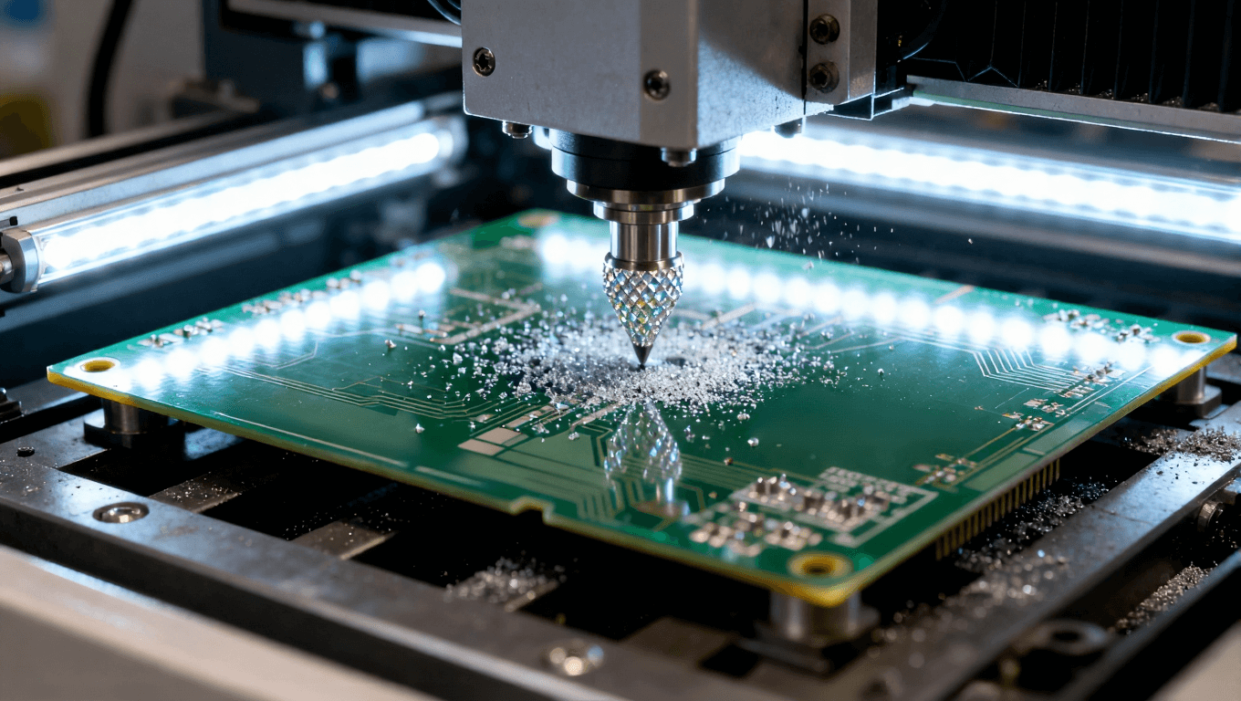 CNC鉆床加工高頻電路板特寫，金剛石涂層鉆頭與精細粉塵，展示高精度制造工藝.png