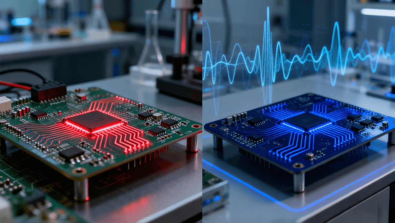 電路板信號損耗對比圖，左為低頻紅色軌跡，右為高頻藍色軌跡，展示不同頻率下的衰減差異 (1).png