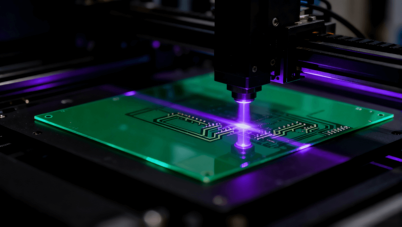 LDI激光直接成像設備在PCB阻焊層上進行精準曝光的瞬間.png