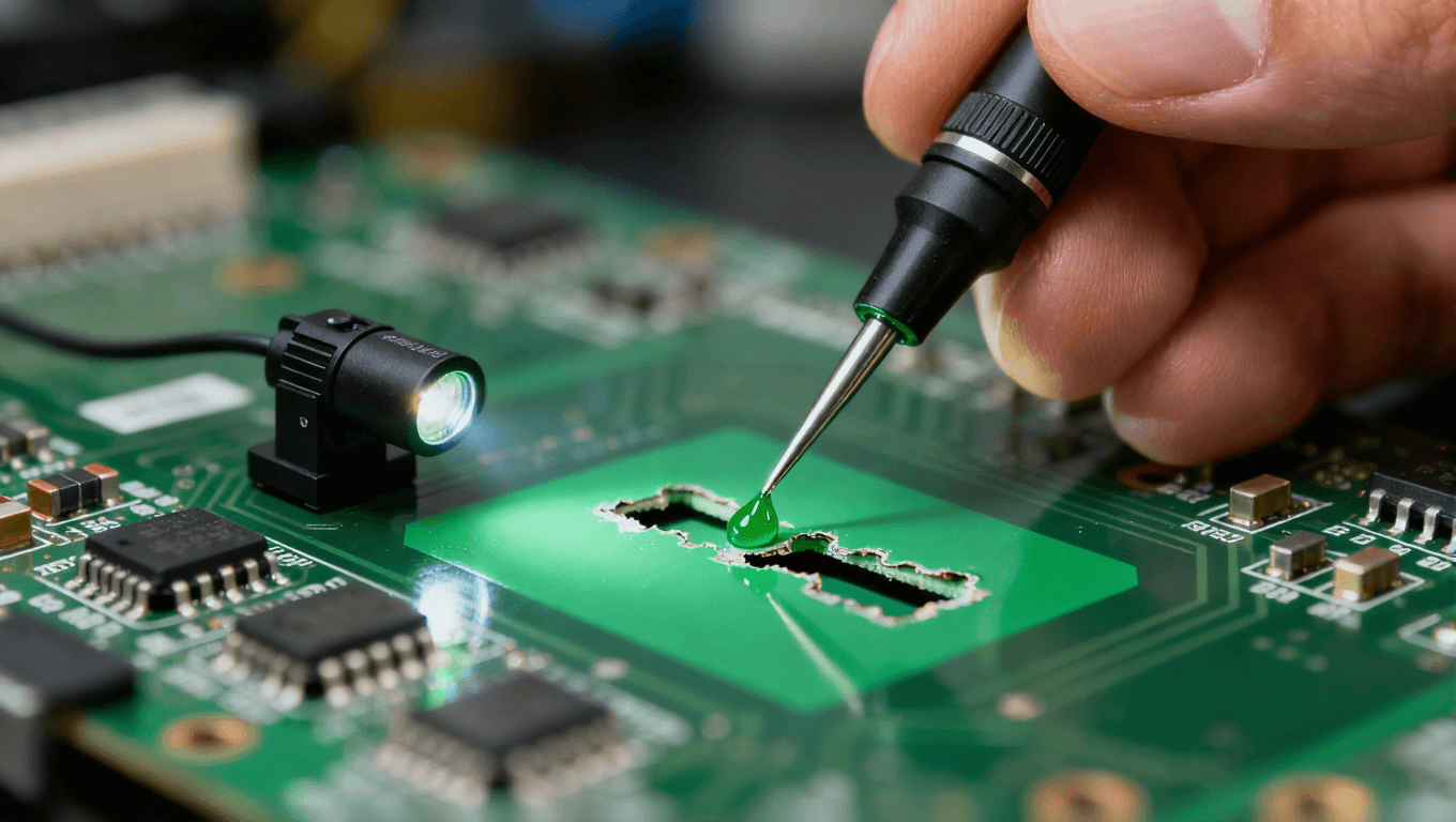 使用精密針頭對PCB上脫落的阻焊橋進行局部點涂修復的微距操作.png